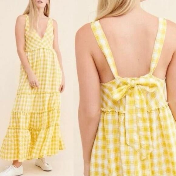 NEW FREE PEOPLE Beach Club Gingham Maxi Dress Size M Yellow White Tiered Raw Hem - Picture 8 of 10